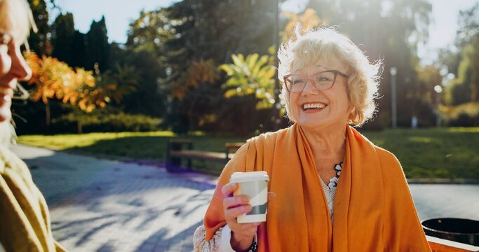 Senior woman friends enjoying coffee in sunny park