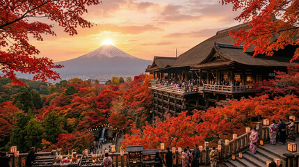Naklejka premium Kiyomizu-dera Autumn: Ancient wooden temple perched on a cliff, surrounded by fiery red autumn maple leaves, sunset glow