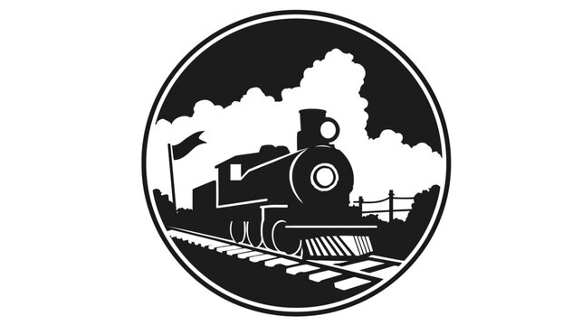 A black and white circle illustration featuring a steam train rolling along tracks, surrounded by clouds