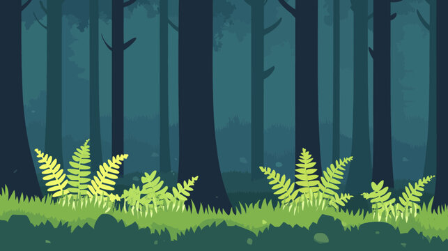 A stylized illustration of a forest interior, featuring tall trees and ferns in a gradient green