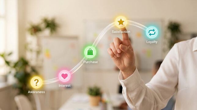 Female hand touching a glowing customer journey arc with milestone nodes representing awareness, purchase, satisfaction, and loyalty.