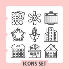 Naklejka premium Cookies, sheriff star, building icons, collection illustrating concepts like business, home and industrial concepts. Set of nine line icons on white background.