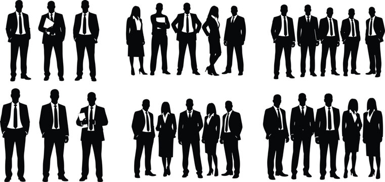 Set of corporate business people silhouettes standing in groups wearing professional suits isolated on white background flat vector illustration design