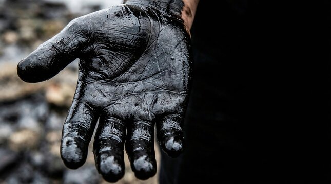 Muddy hand outstretched covered in black natural clay or oil concept of contamination pollution or t.