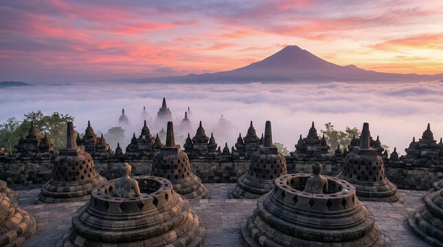 Borobudur Java, Buddhist stupas with statues, sea of clouds below, volcanic peak background, dawn light