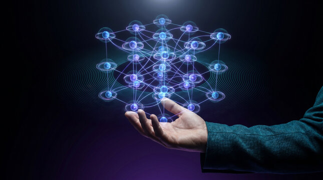 Hand reaching toward a glowing holographic quantum processor with qubit nodes, entanglement lines, and superposition rings on dark background.