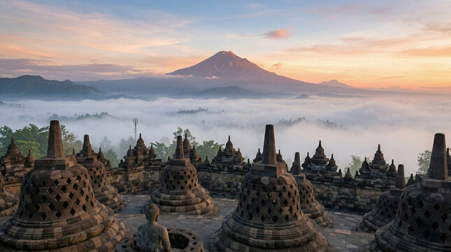 Borobudur Java, Buddhist stupas with statues, sea of clouds below, volcanic peak background, dawn light