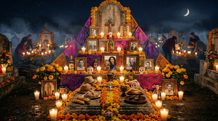 Fototapeta premium Dia de los Muertos Altars: Candlelit graveyard, marigold flowers, photo frames, atmospheric night shot, photorealistic