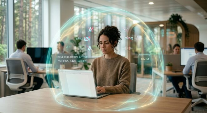 Digital Zen Concept with Worker Protected by AI Focus Aura
