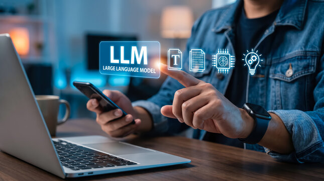 Person using a smartphone and interacting with a digital holographic interface representing large language model llm technology, artificial intelligence, and machine learning concepts
