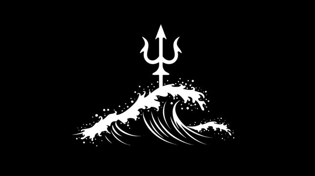 A white trident sits atop a stylized wave in an artistic minimalist, monochrome composition