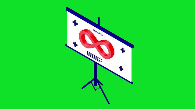 3D isometric animation features a vibrant red DevOps infinity loop on a presentation screen 4K stock animation video on a green screen for chroma key background in video editing.