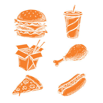 Vibrant amber junk food and restaurant menu elements hand drawn ink
