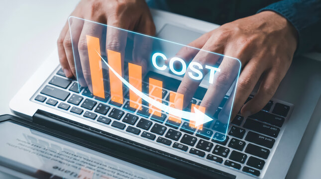 Businessman using laptop with digital holographic interface showing a downward trend graph for cost reduction
