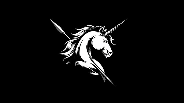 A stark, grayscale illustration of a unicorn's head pierced by a spear