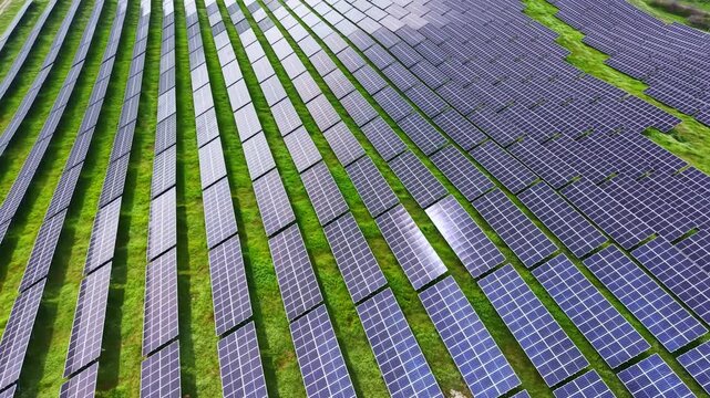 Rows of solar panels stretch across a large open field. The panels face the sun and collect energy. The ground is green with grass. Sunlight shines down on the scene.