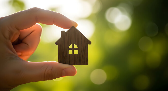 Close up of person holding tiny house silhouette in nature