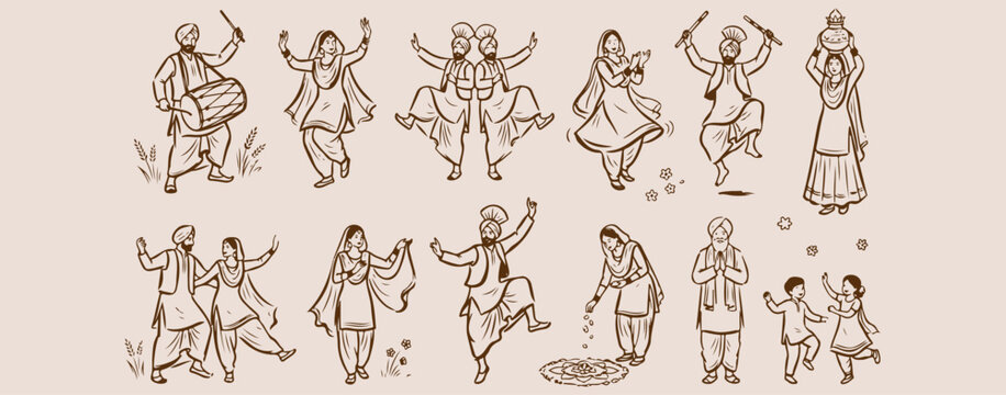 Indian folk dance and cultural festival, traditional dancers and music illustration, bhangra and garba celebration doodle, ethnic performance and heritage collection, colourful indian wedding and part