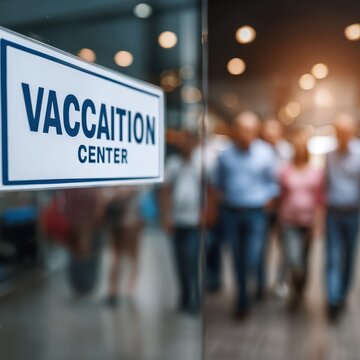 Vaccination center sign with blurred background of people waiting in line, abstract health access scene perfect for public health service and community vaccination concept