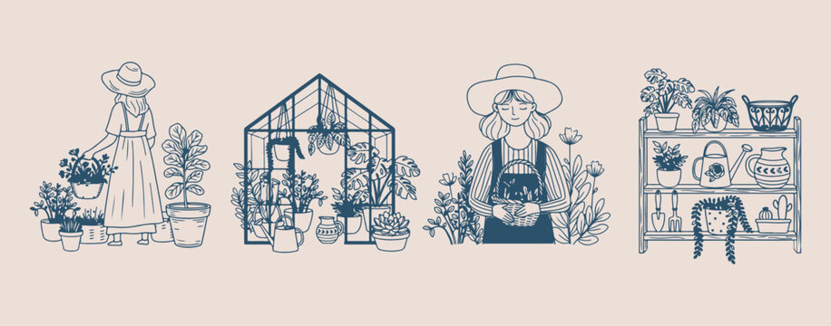 Greenhouse nursery and garden woman, greenhouse plants and glasshouse illustration, sustainable living and gardening doodle, female gardener and plant collection, botanical conservatory and nature vec