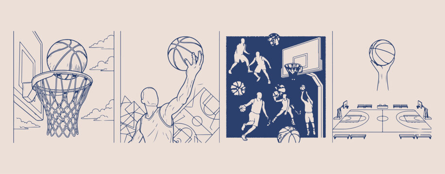 Basketball player and sports action set, athletic competition and fitness illustration, basketball game and team doodles, dunking and shooting move collection, healthy active lifestyle vector art, pro