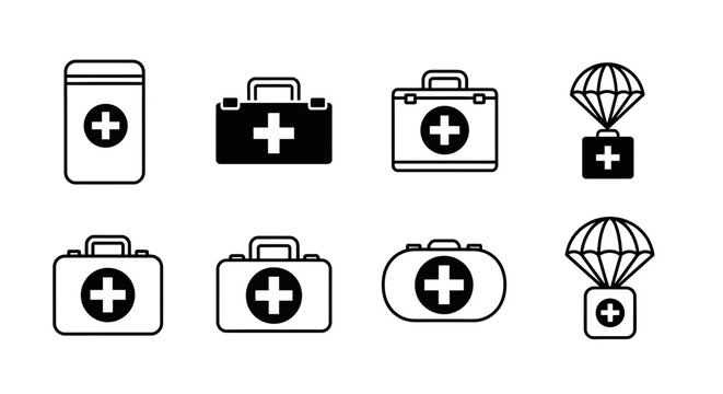 Medical emergency icons set first aid kits parachutes and healthcare symbols in black and white