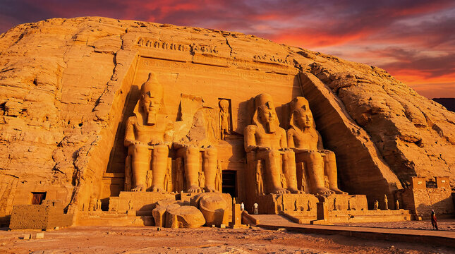 Abu Simbel Egypt, Colossal statues of Ramses II carved in rock, glowing sandstone, cinematic desert sunset