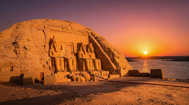 Abu Simbel Egypt, Colossal statues of Ramses II carved in rock, glowing sandstone, cinematic desert sunset