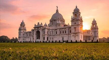 Victoria Memorial building at sunrise with orange sky © erna