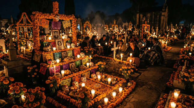 Dia de los Muertos, Cinematic night photography of a Mexican cemetery during the Day of the Dead. Elaborate ofrendas covered in bright orange marigold flowers, glowing candles, and sugar skulls.