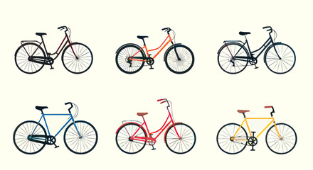 Obraz premium Collection of six vintage city bicycles in flat illustration style