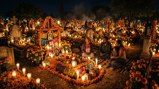 Dia de los Muertos, Cinematic night photography of a Mexican cemetery during the Day of the Dead. Elaborate ofrendas covered in bright orange marigold flowers, glowing candles, and sugar skulls.