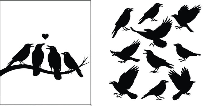 Artistic black crow silhouettes collection featuring birds perched on branches with hearts, flying ravens, soaring jackdaws, and various gothic nature poses.