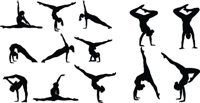Black silhouettes of female gymnast performing acrobatic handstands, flexible splits, and fitness yoga poses, isolated on white background vector illustration.