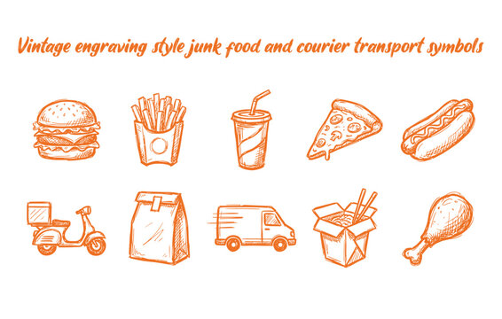 Vintage engraving style junk food and courier transport symbols
