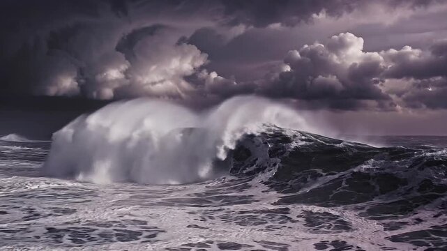 Dramatic ocean waves crashing under dark stormy sky with powerful clouds and turbulent sea