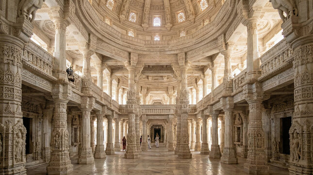 Ranakpur Jain Temple, Exquisite white marble carved pillars, soft sunlight filtering through domes, intricate interior architecture, ultra-realistic,
