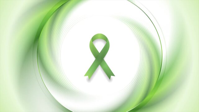 Green awareness ribbon symbol for mental health, lymphoma, or liver cancer awareness on smooth abstract green white spiral background. Healthcare motion design. Video animation Ultra HD 4K 3840x2160