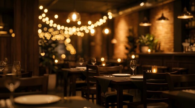 Cozy indoor restaurant setting with dim lighting and warm ambiance. Wooden tables and chairs are neatly arranged.