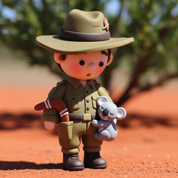 Stylized toy figure of australian man in khaki uniform holding small koala in red sand desert