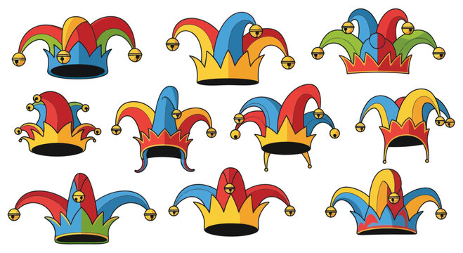 Colorful Jester Hats in Various Positions.