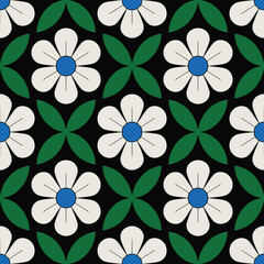 Obraz premium Flower seamless pattern with white petals and blue centers on black background