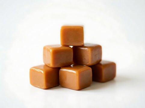 Stack of caramel candies on white surface  sweet treats  dessert  food