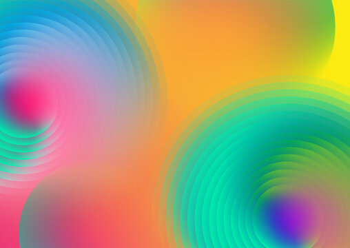 Abstract background with colorful glass ribbed spiral circles with shiny liquid gradient effect. Retro vector design