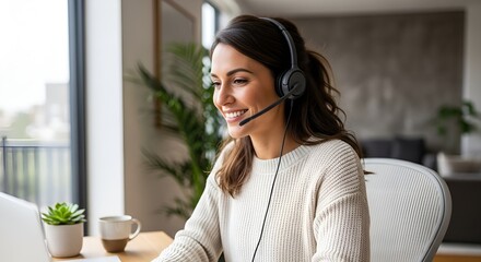 Naklejka premium Smiling woman with headset working from home on laptop, customer support