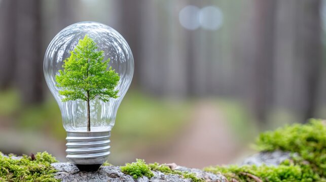 creative manipulation photography, a light bulb with a glowing green tree growing inside the glass, placed on a mossy surface, dark forest background