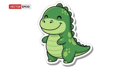 Fototapeta premium Cute cartoon green dinosaur sticker, isolated on white background, vector illustration