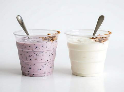 Two plastic cups of yogurt with spoons and granola on top one purple with black spots and one white on white surface