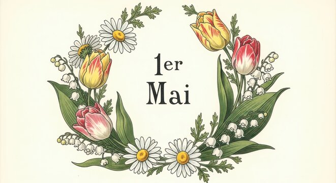 Floral wreath for May Day in French style with daisies, tulips, and lilies of the valley
