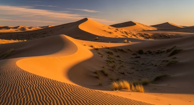 Golden sunset light illuminates the vast rolling dunes of the arid landscape during the peaceful evening hours as wind ripples form patterns across the shifting sands under a clear glowing